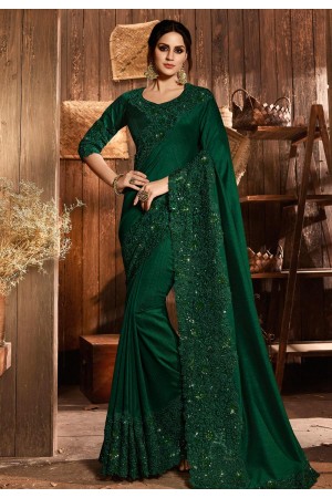 Dark green silk saree with blouse  5412